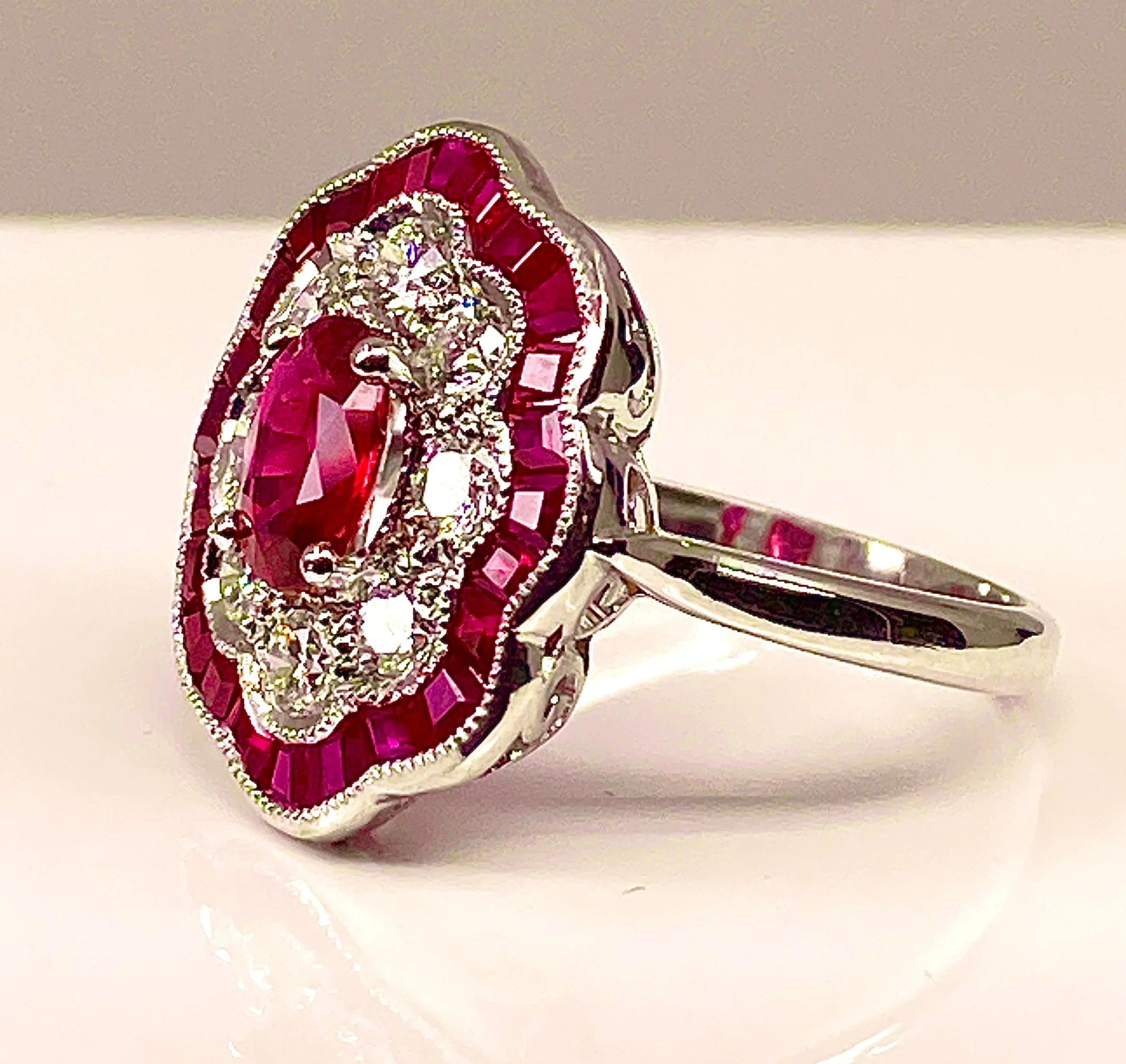White gold ruby and diamond daisy ring - Image 3