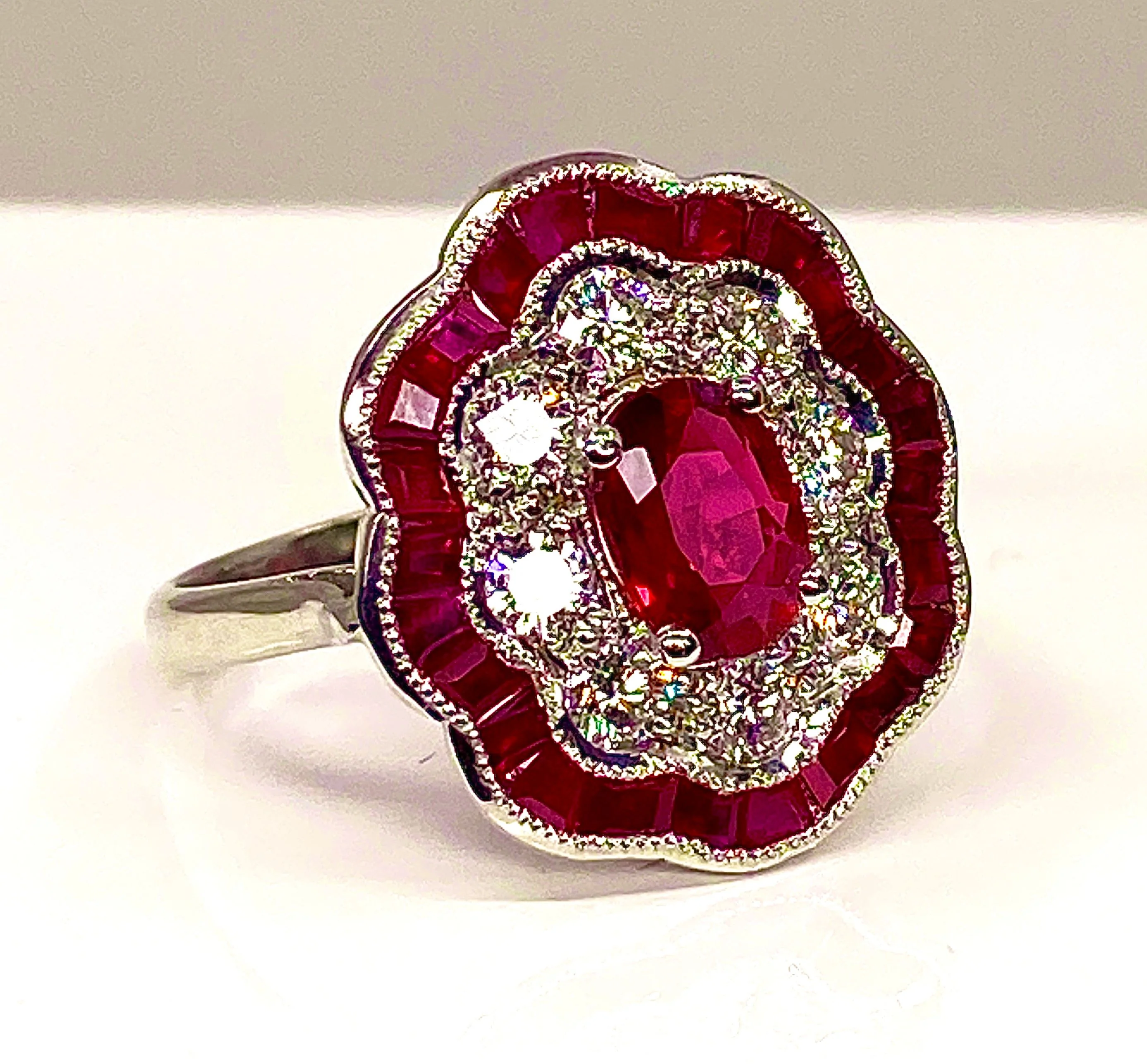 White gold ruby and diamond daisy ring - Image 7