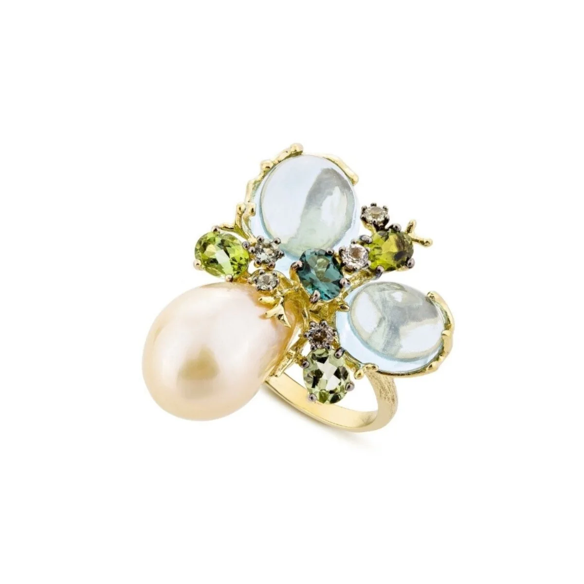 18-carat yellow gold ring with a pearl and topazes – EU size 56