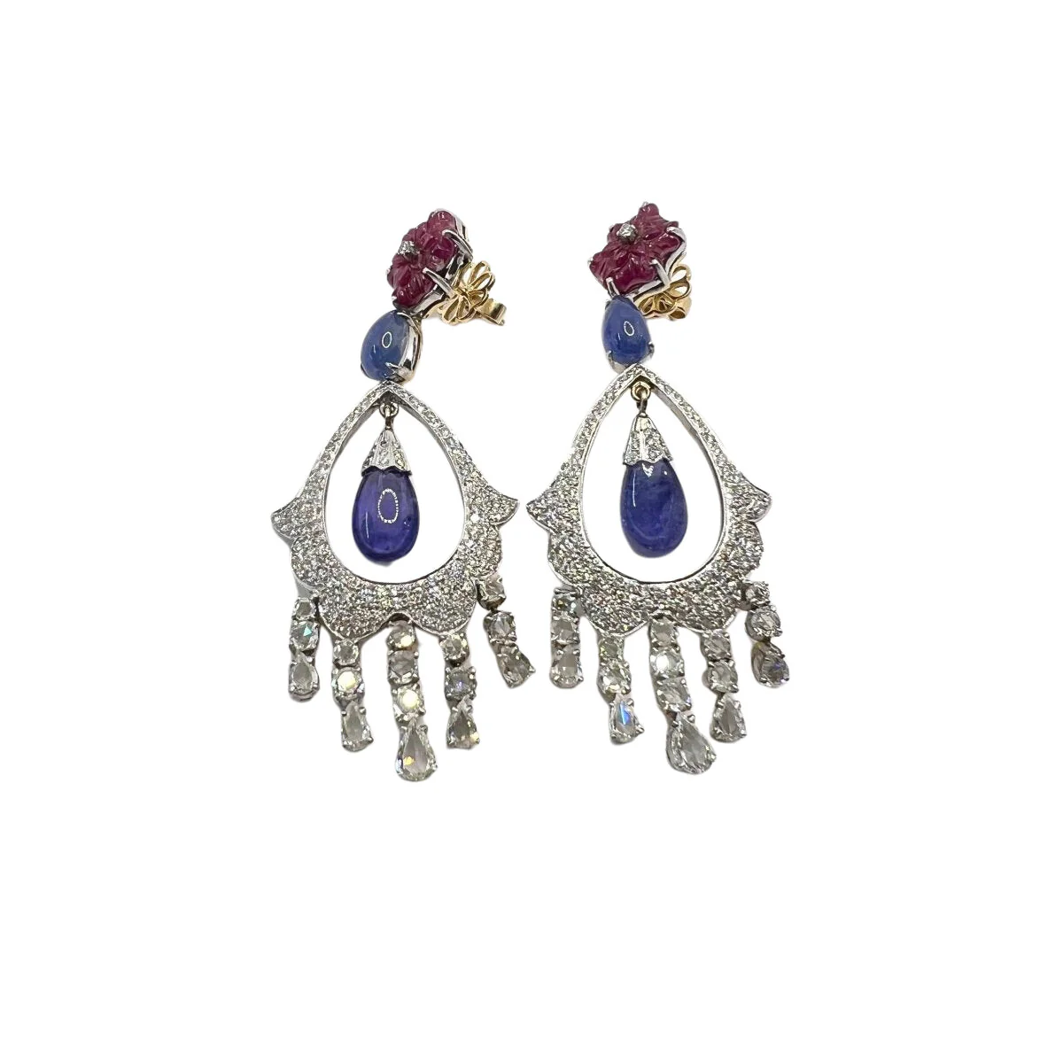 18k gold earrings with natural diamonds, natural tanzanites and natural rubies.