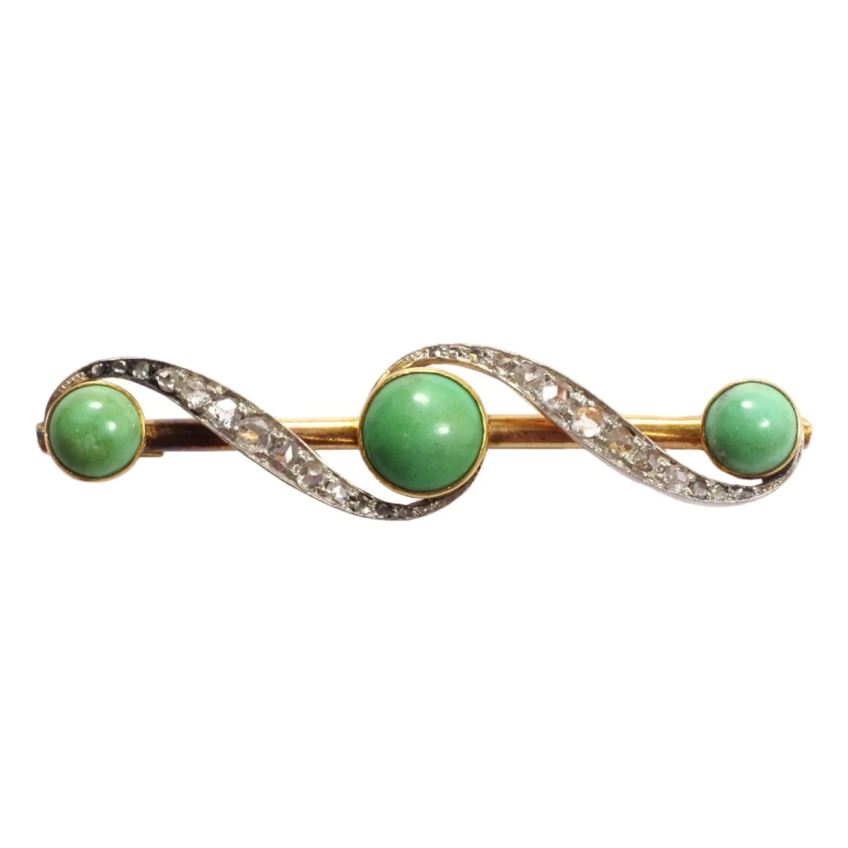 Brooch/Barrette in yellow gold, platinum, turquoise and diamonds