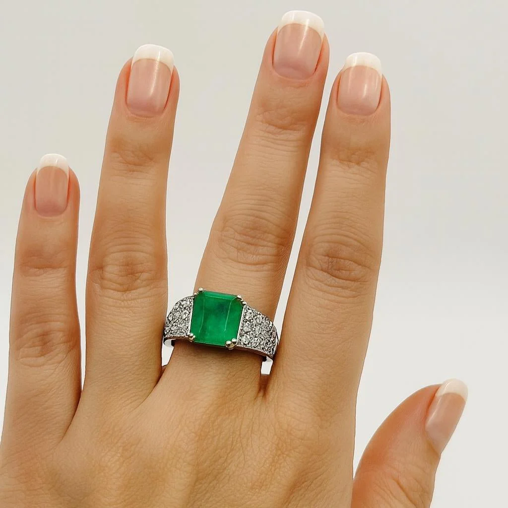 Solitaire ring in yellow gold, white gold, emerald and diamonds - Image 2
