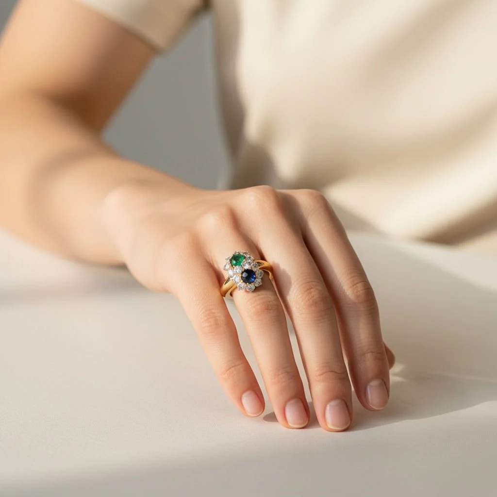 "Toi & Moi" Ring in Yellow Gold, Emerald, Sapphire, and Diamonds - Image 2