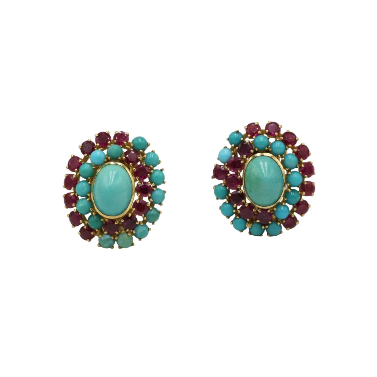 Clip-on earrings in yellow gold, rubies and turquoise