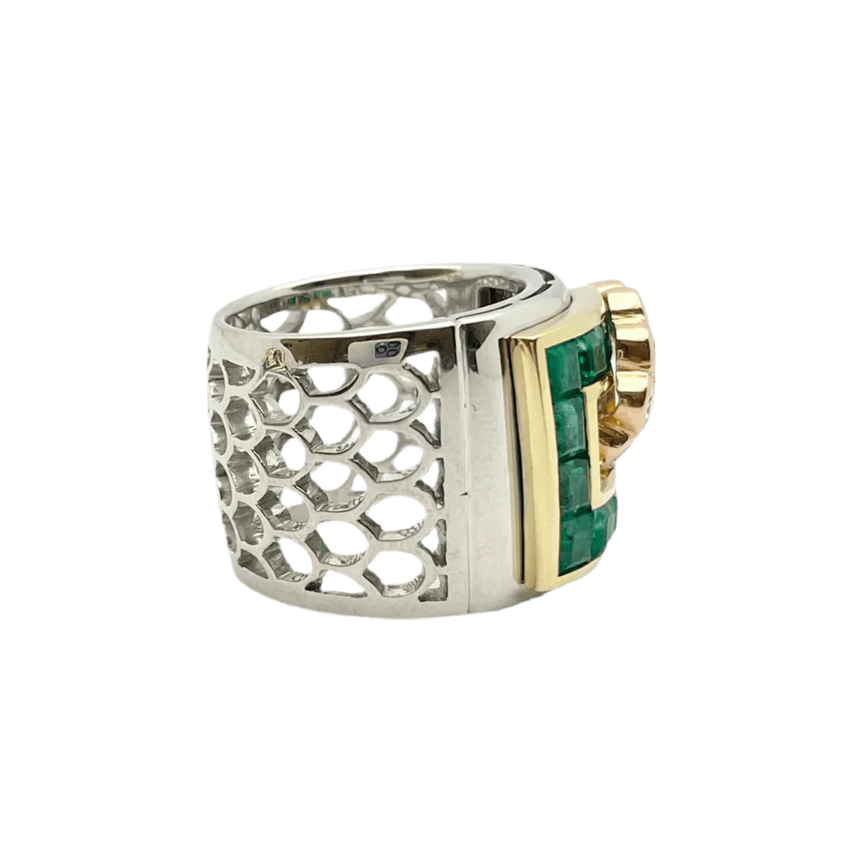 Ring and Earrings LUCIANO SOMENZI in white gold, rose gold, emeralds and diamonds - Image 4