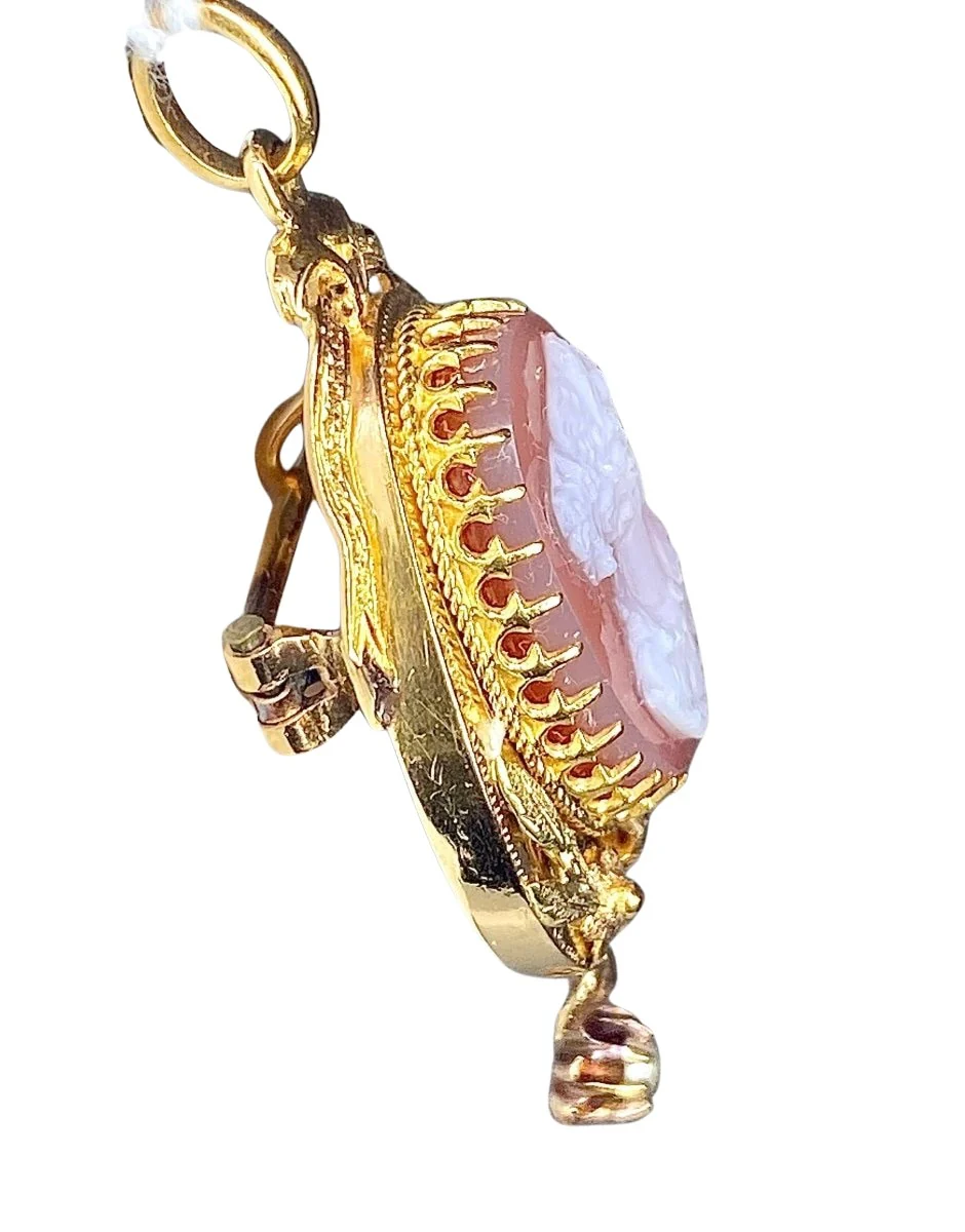 Pendant brooch in yellow gold, cameo and fine pearl - Image 3
