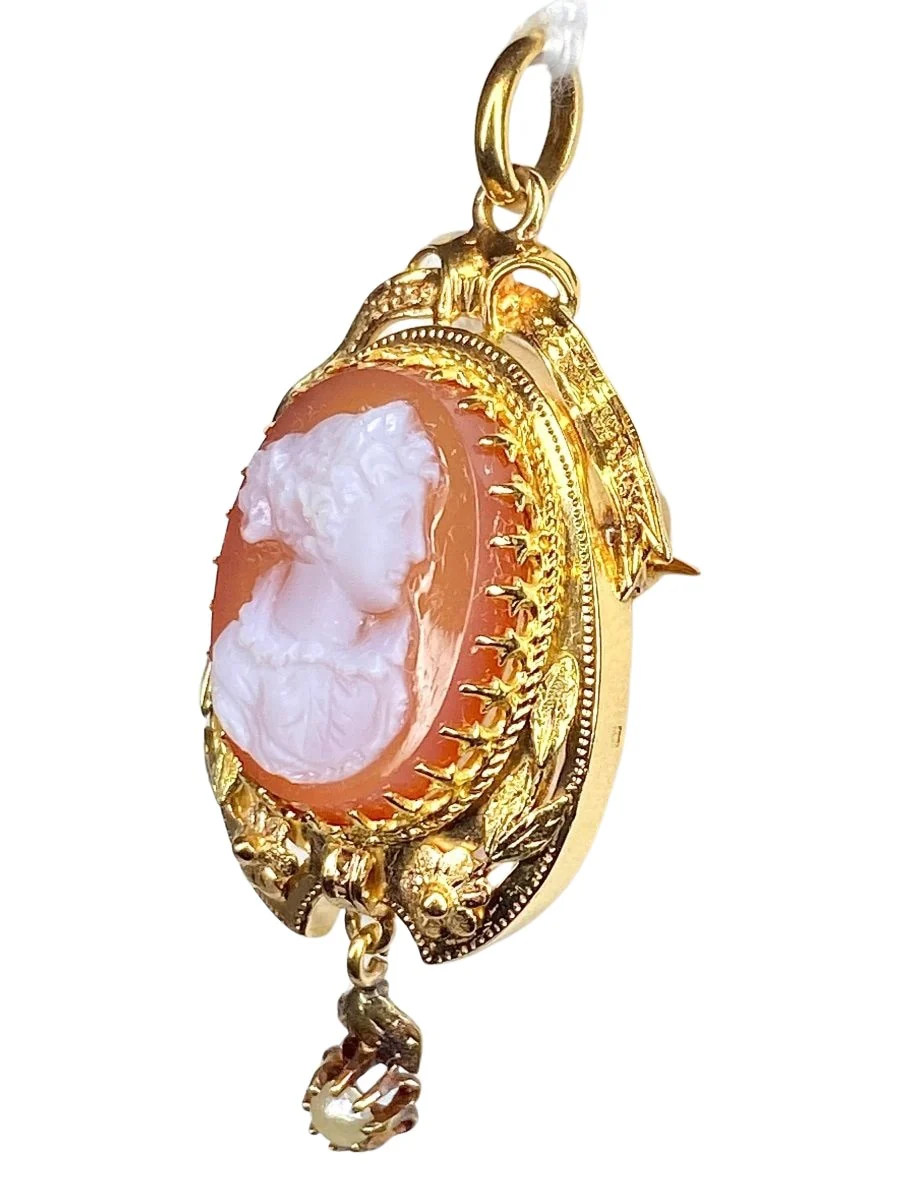 Pendant brooch in yellow gold, cameo and fine pearl - Image 5