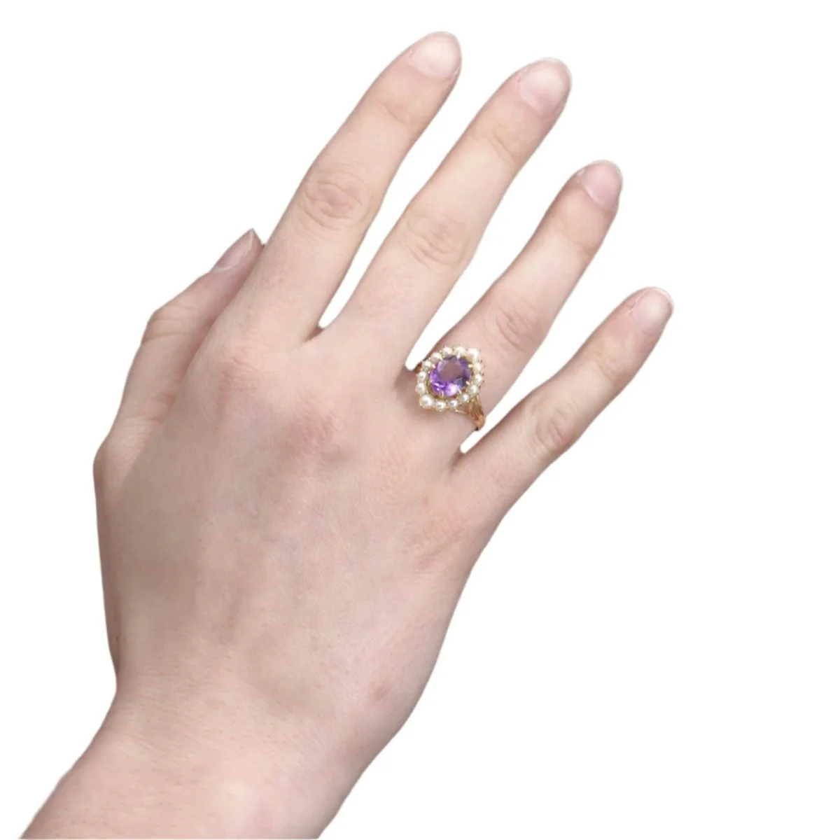 Cocktail ring in yellow gold, amethyst and pearls - Image 2