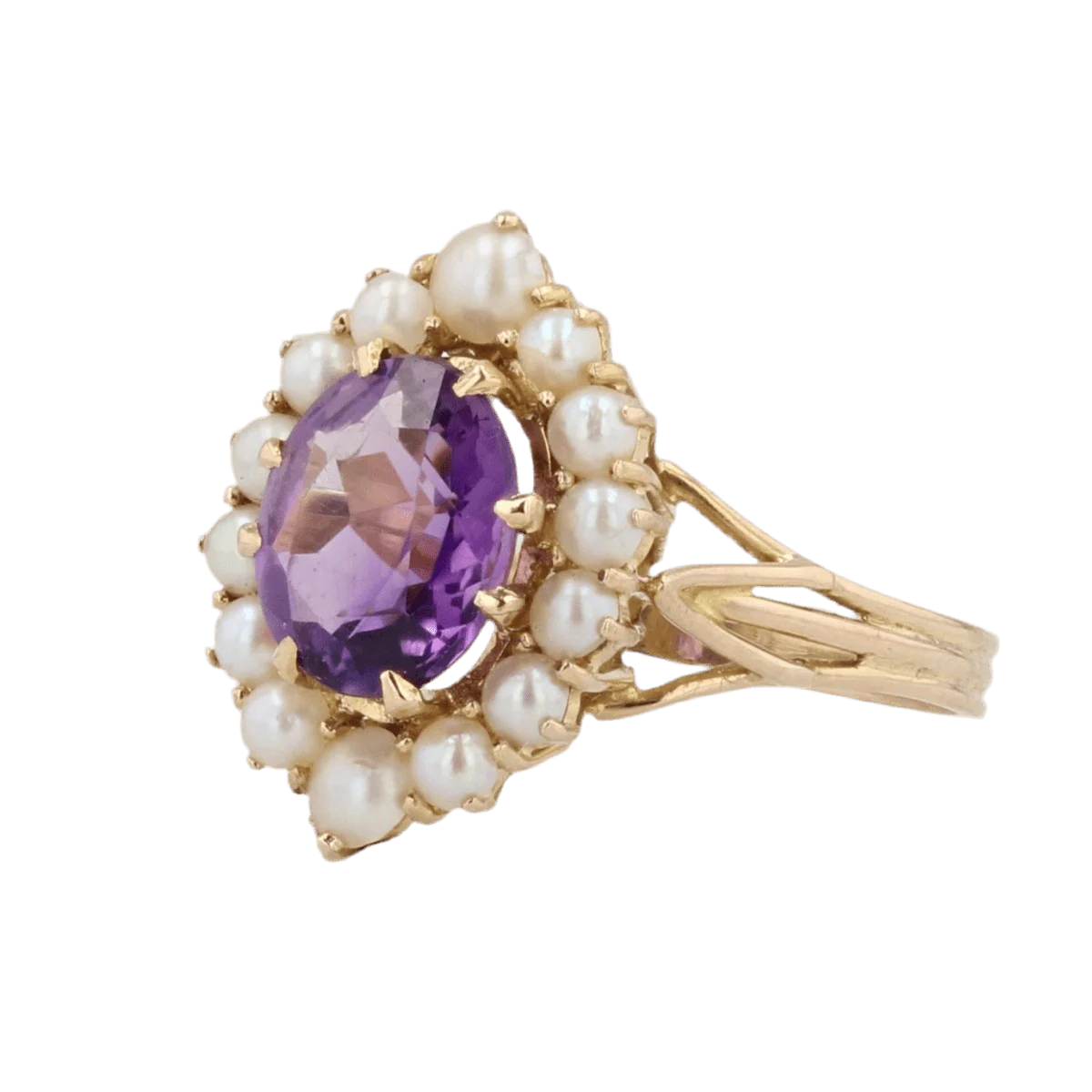 Cocktail ring in yellow gold, amethyst and pearls - Image 3