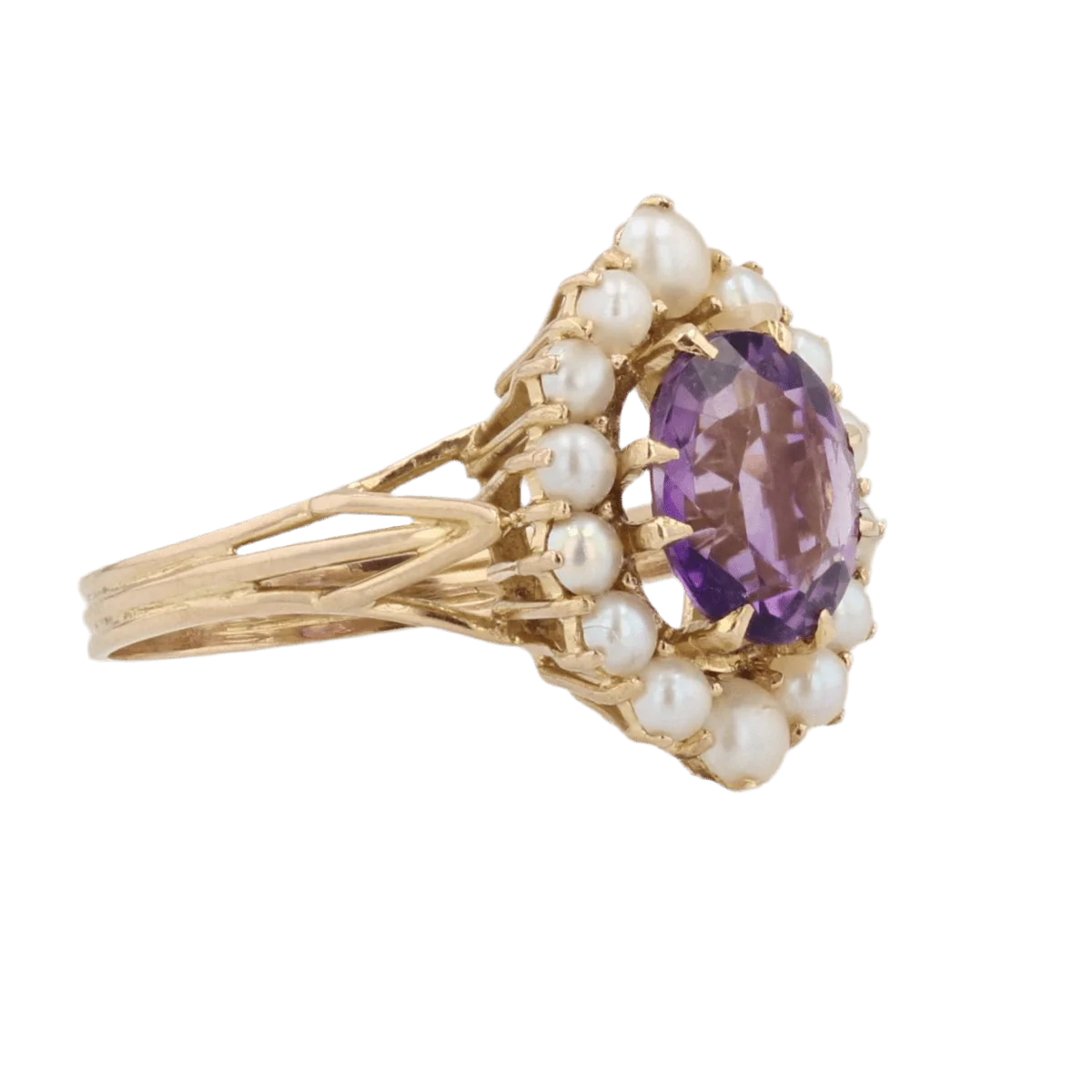 Cocktail ring in yellow gold, amethyst and pearls - Image 5