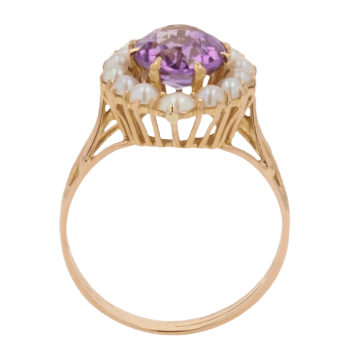 Cocktail ring in yellow gold, amethyst and pearls - Image 6