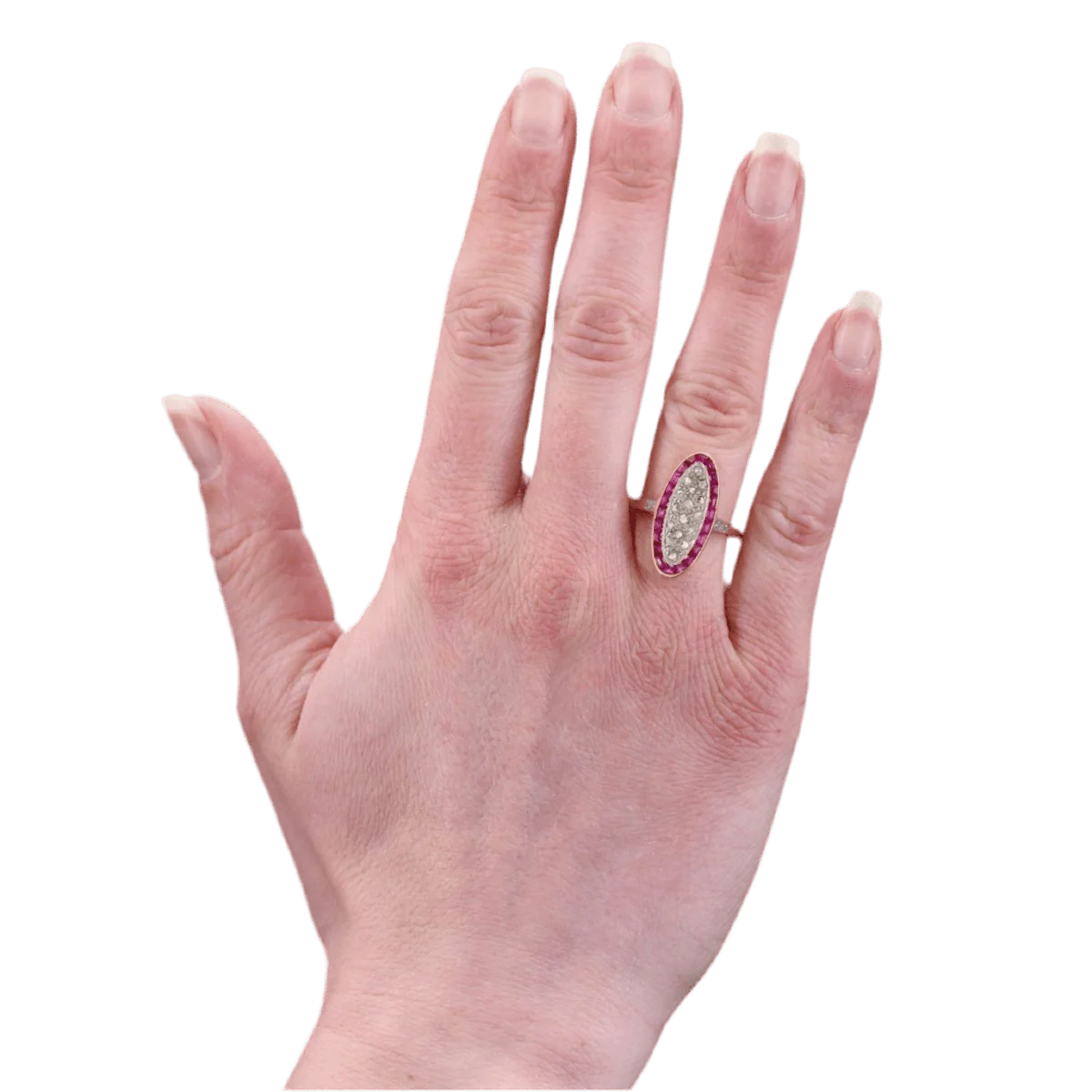 Marquise ring in yellow gold, platinum, rubies and diamonds - Image 2