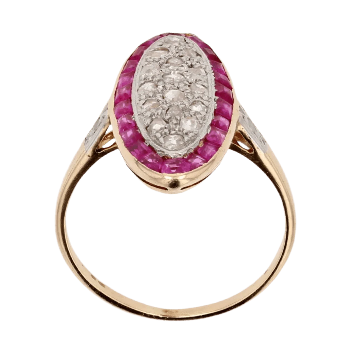 Marquise ring in yellow gold, platinum, rubies and diamonds - Image 6