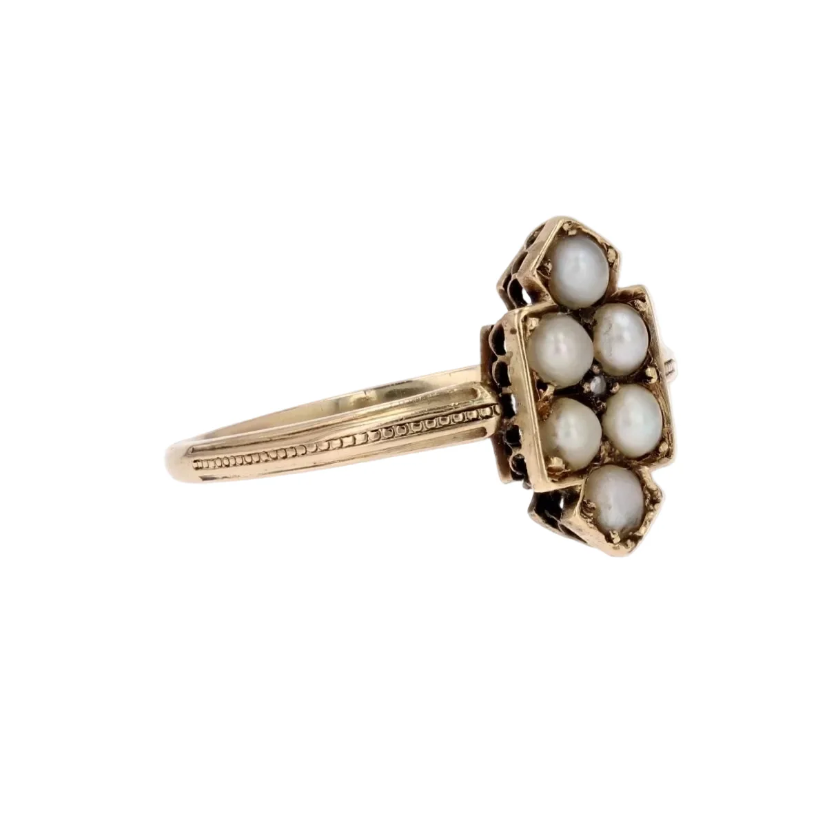 Marquise ring in yellow gold, pearls and diamond - Image 5