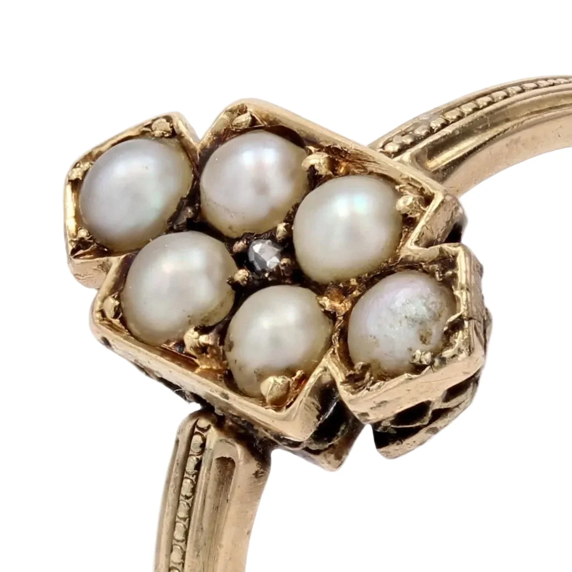 Marquise ring in yellow gold, pearls and diamond - Image 7
