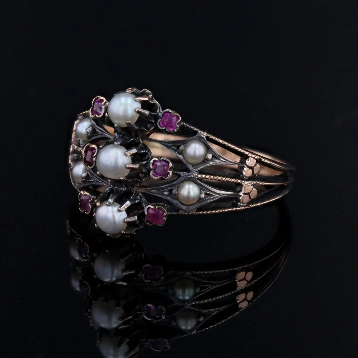 Ring antique 3 rings in rose gold and silver with fine pearls and rubies - Image 8