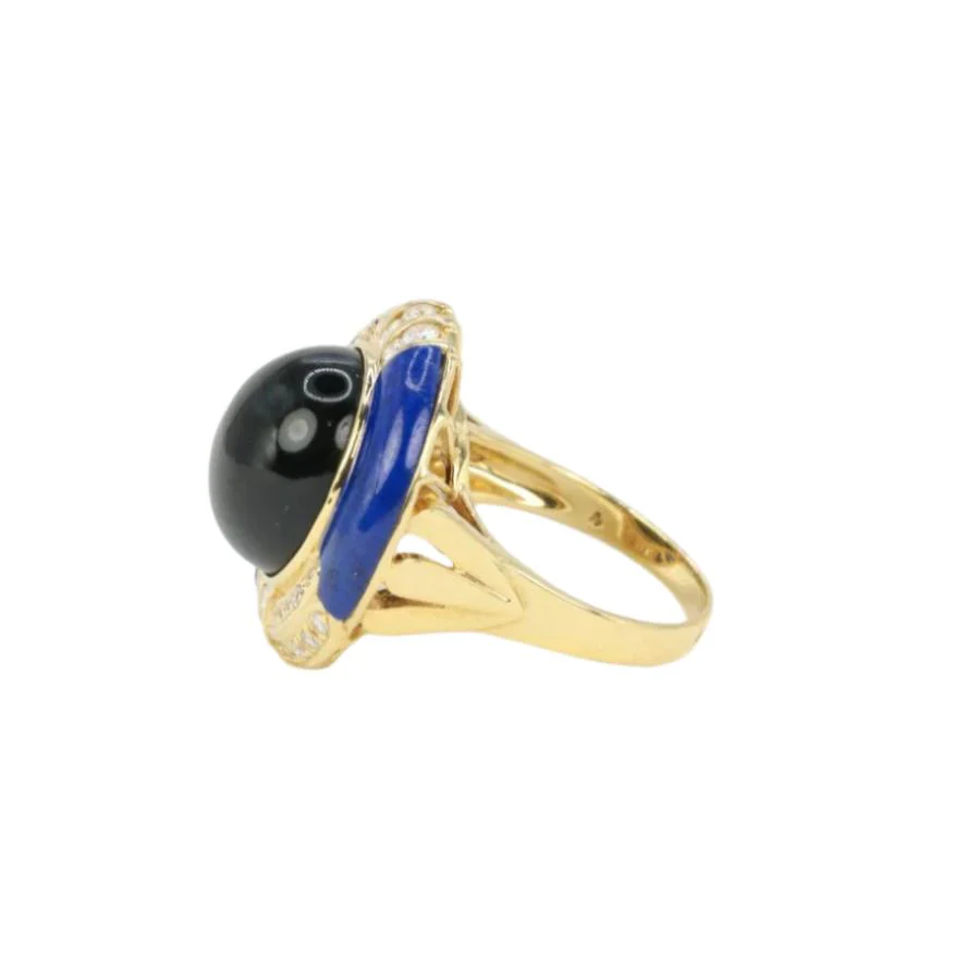 Yellow gold, onyx, lapis lazuli and diamond ring - Image 5
