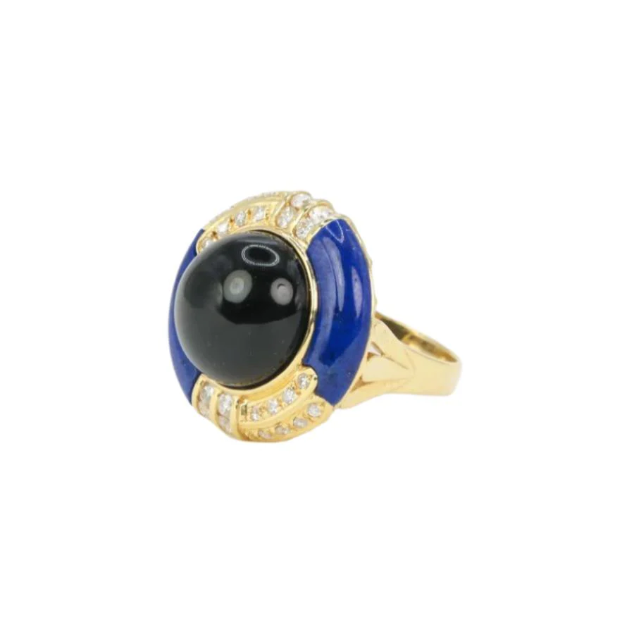 Yellow gold, onyx, lapis lazuli and diamond ring - Image 6