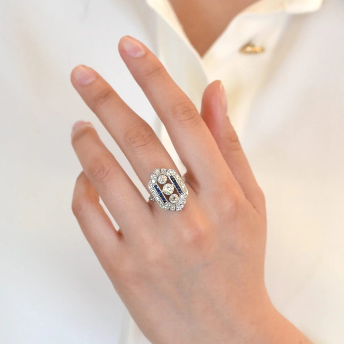Ring Art deco in paltinium, sapphires and diamonds - Image 2