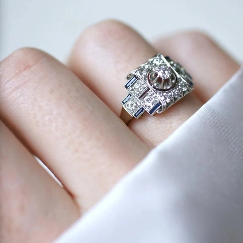 Art Deco ring in white gold, platinum, diamonds and sapphires - Image 2