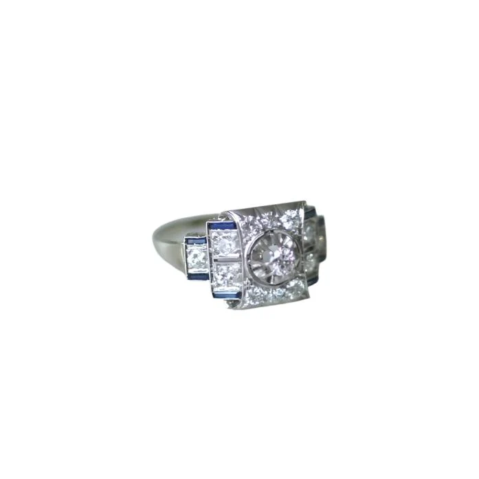 Art Deco ring in white gold, platinum, diamonds and sapphires - Image 3