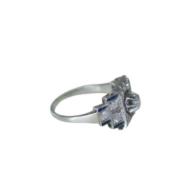 Art Deco ring in white gold, platinum, diamonds and sapphires - Image 4