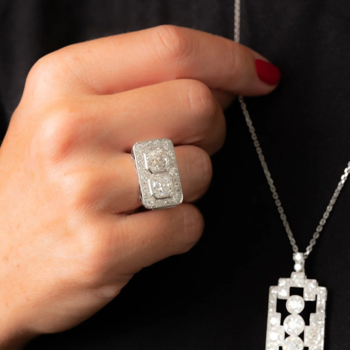Rectangular Art Deco ring in white gold, platinum and diamonds - Image 6