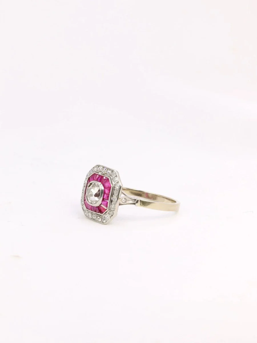 Art Deco ring with old cut diamonds and calibrated rubies - Image 3