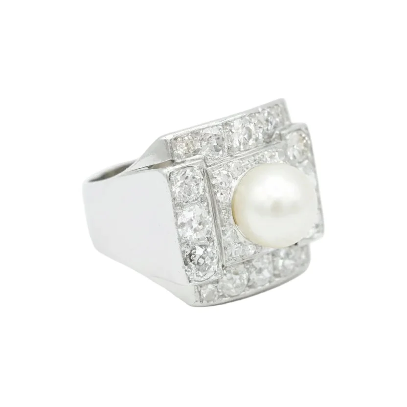 Platinum, Cultured pearl and diamond Art Deco Ring