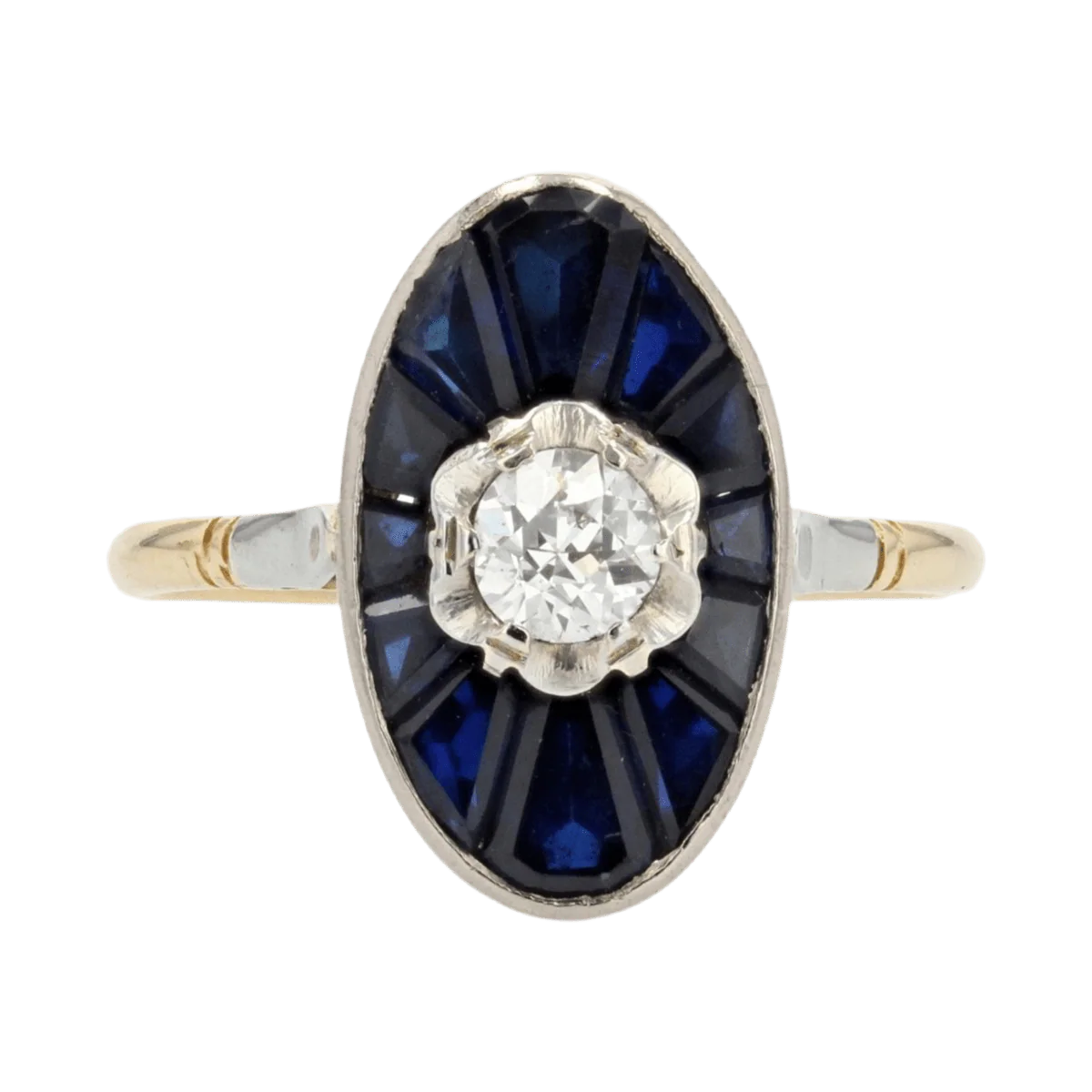 Marquise ring in yellow gold, white gold, sapphires and diamond