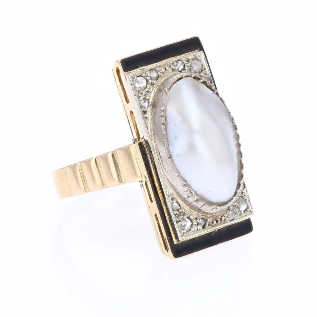 Cocktail ring in yellow gold, pearl and diamonds - Image 5