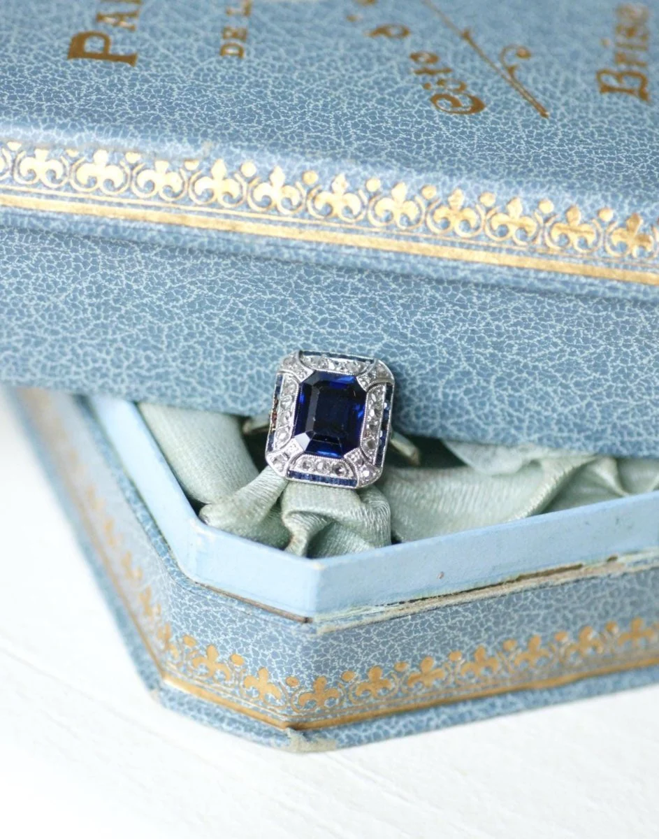 Art Deco Octagonal Synthetic Sapphire and Diamonds Ring - Image 10
