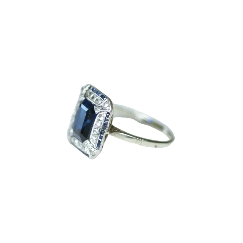 Art Deco Octagonal Synthetic Sapphire and Diamonds Ring - Image 4