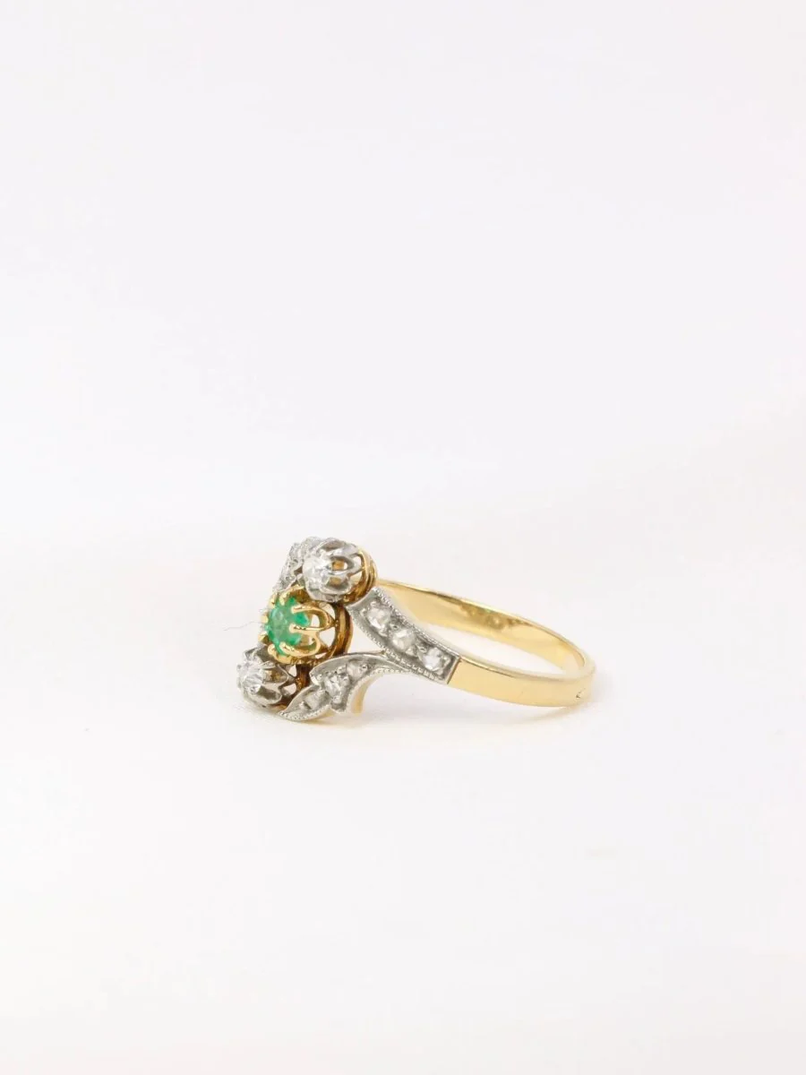 Art Nouveau ring in gold, diamonds and emerald - Image 3