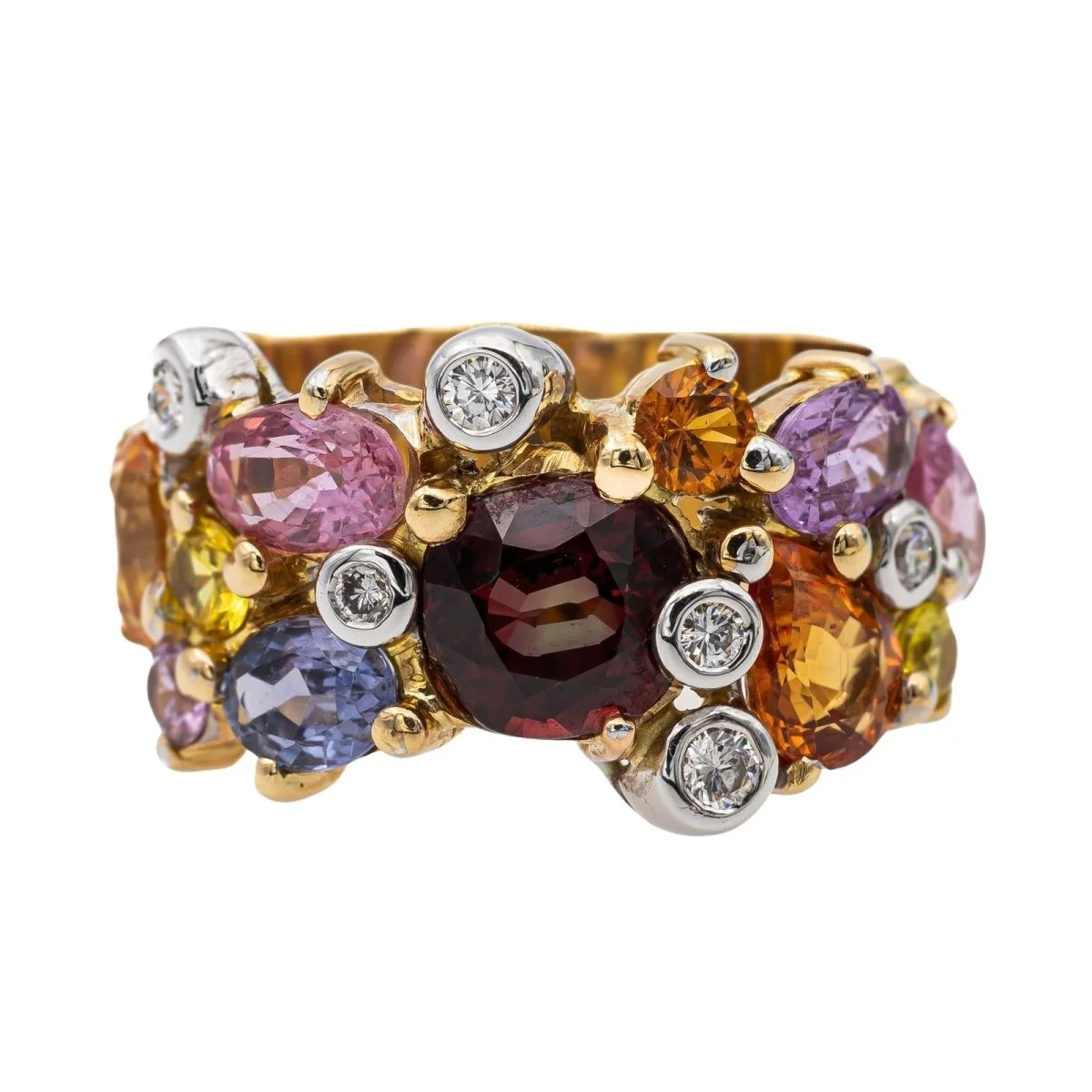 Bandeau ring in yellow gold, garnet, sapphires and diamonds