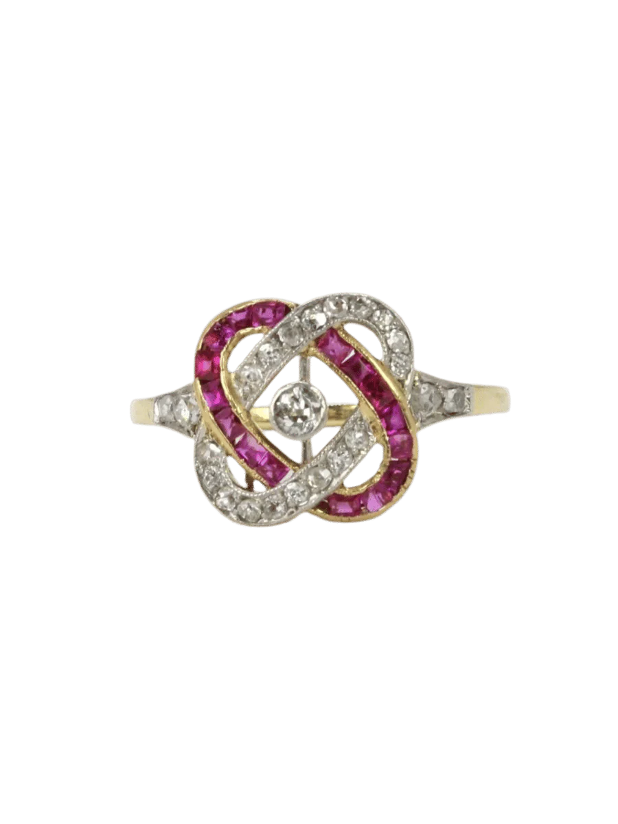 Ring Belle Epoque yellow gold diamonds ruby calibres