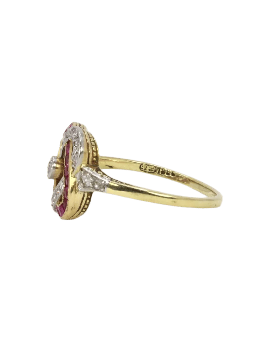 Ring Belle Epoque yellow gold diamonds ruby calibres - Image 3