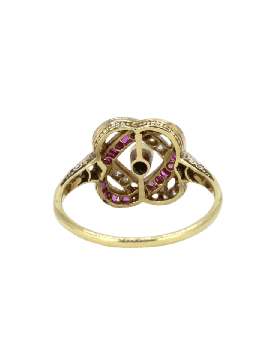 Ring Belle Epoque yellow gold diamonds ruby calibres - Image 4