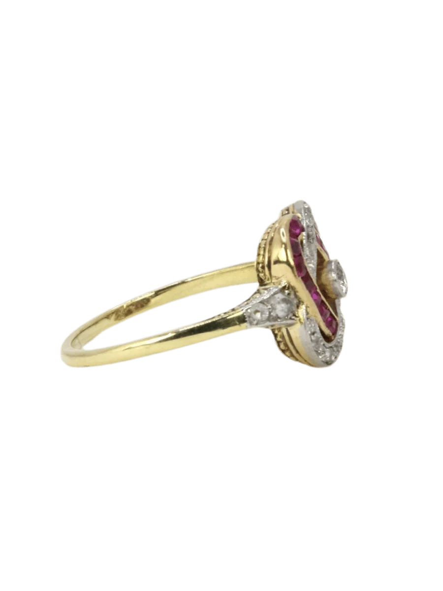 Ring Belle Epoque yellow gold diamonds ruby calibres - Image 5