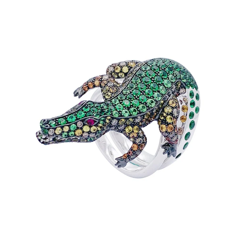 Boucheron Crocodile ring in white gold, set with diamonds and colored stones - Image 4
