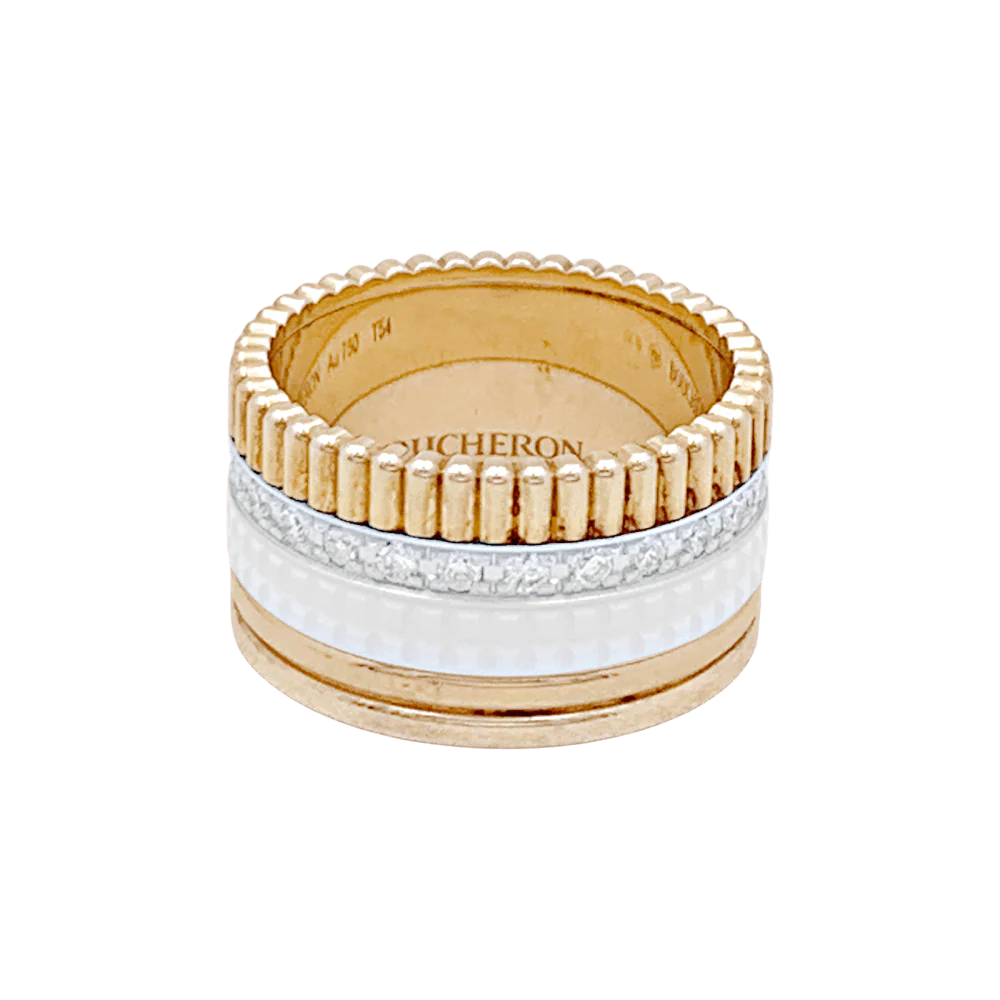 BOUCHERON "Quatre White Edition" Band Ring in yellow gold, white gold, rose gold, ceramic and diamonds