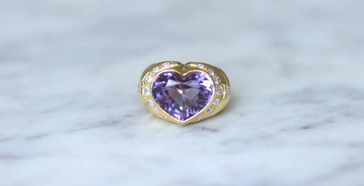 Amethyst and Diamond Heart Ball Ring in Yellow Gold