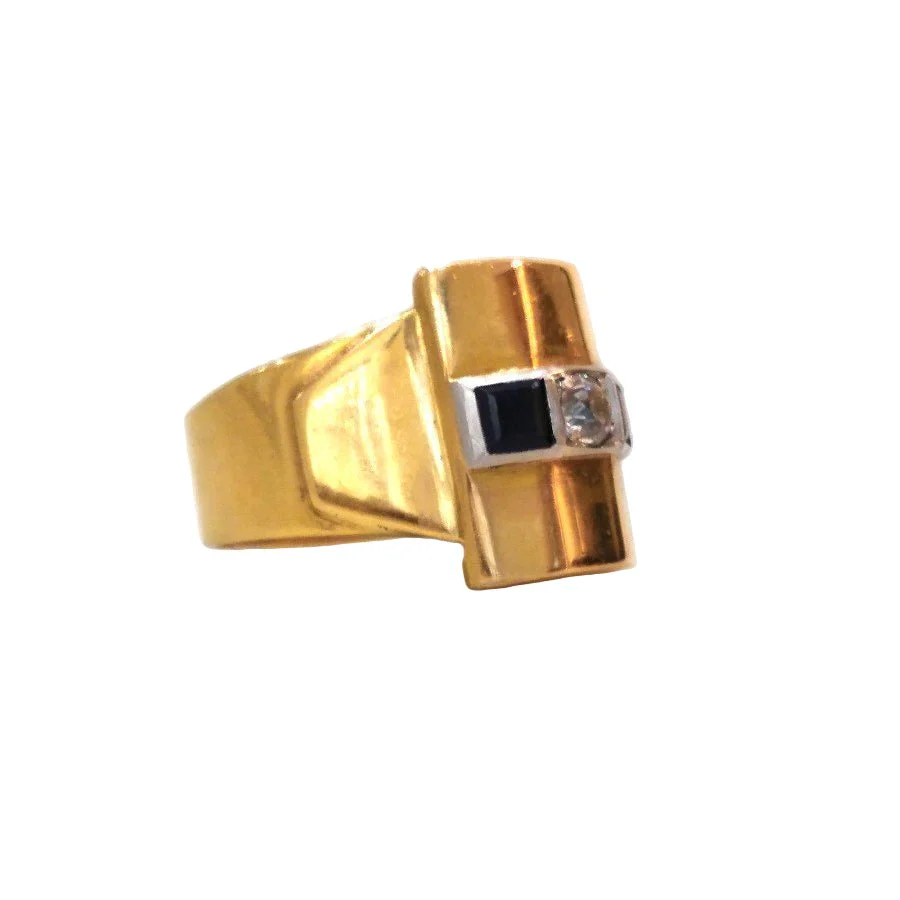 Ring Chevalière in yellow gold, sapphires and diamond - Image 4