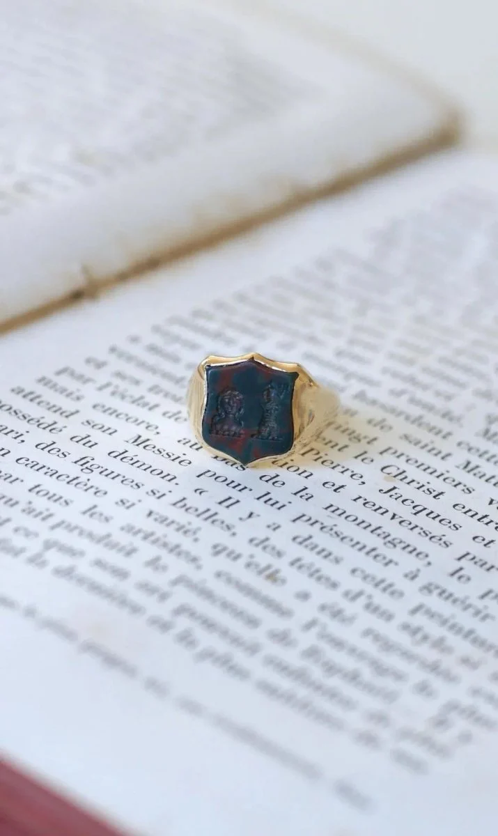 Yellow Gold Blood Jasper Intaglio Signet Ring