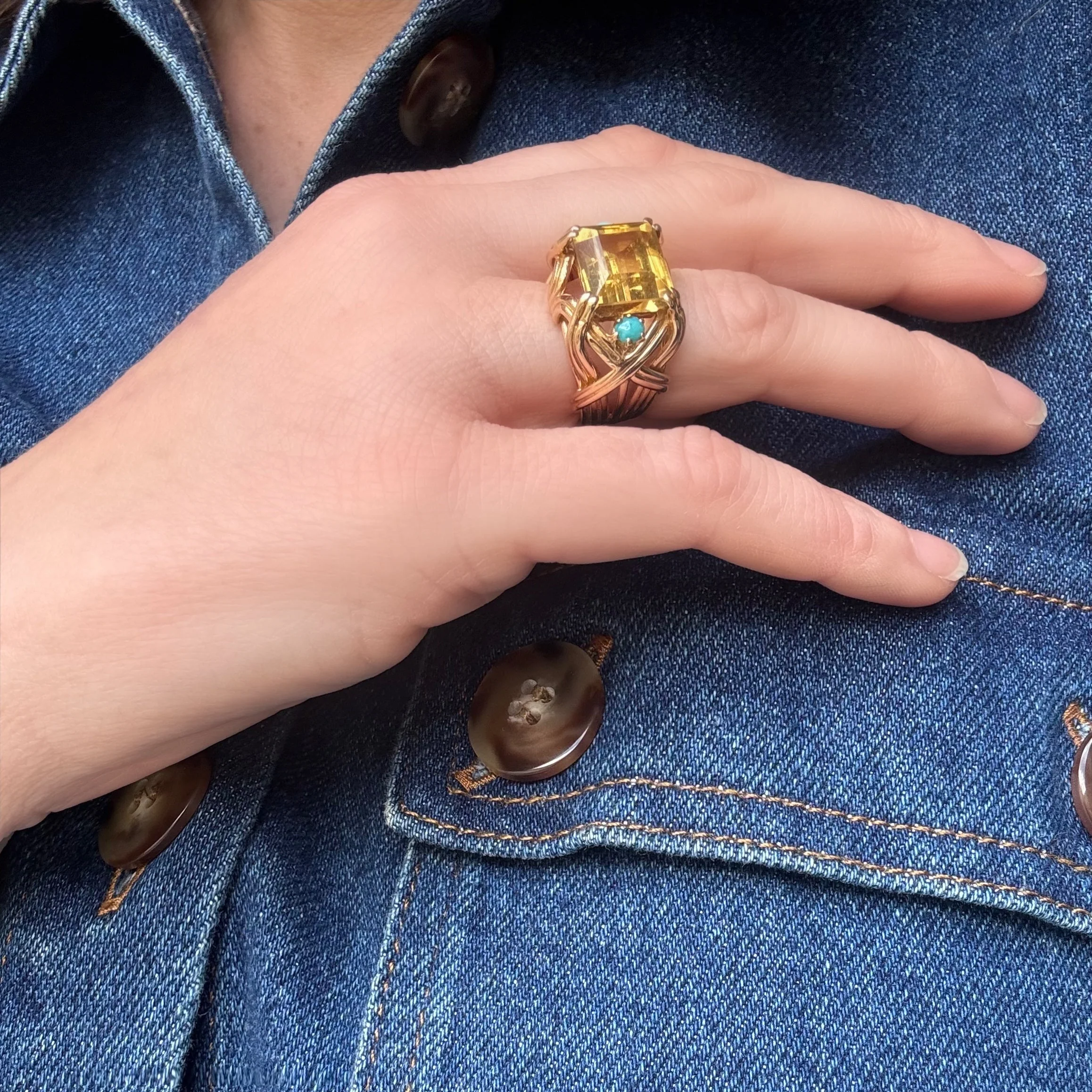 Bague cocktail en or jaune citrine et turquoise - Image 2