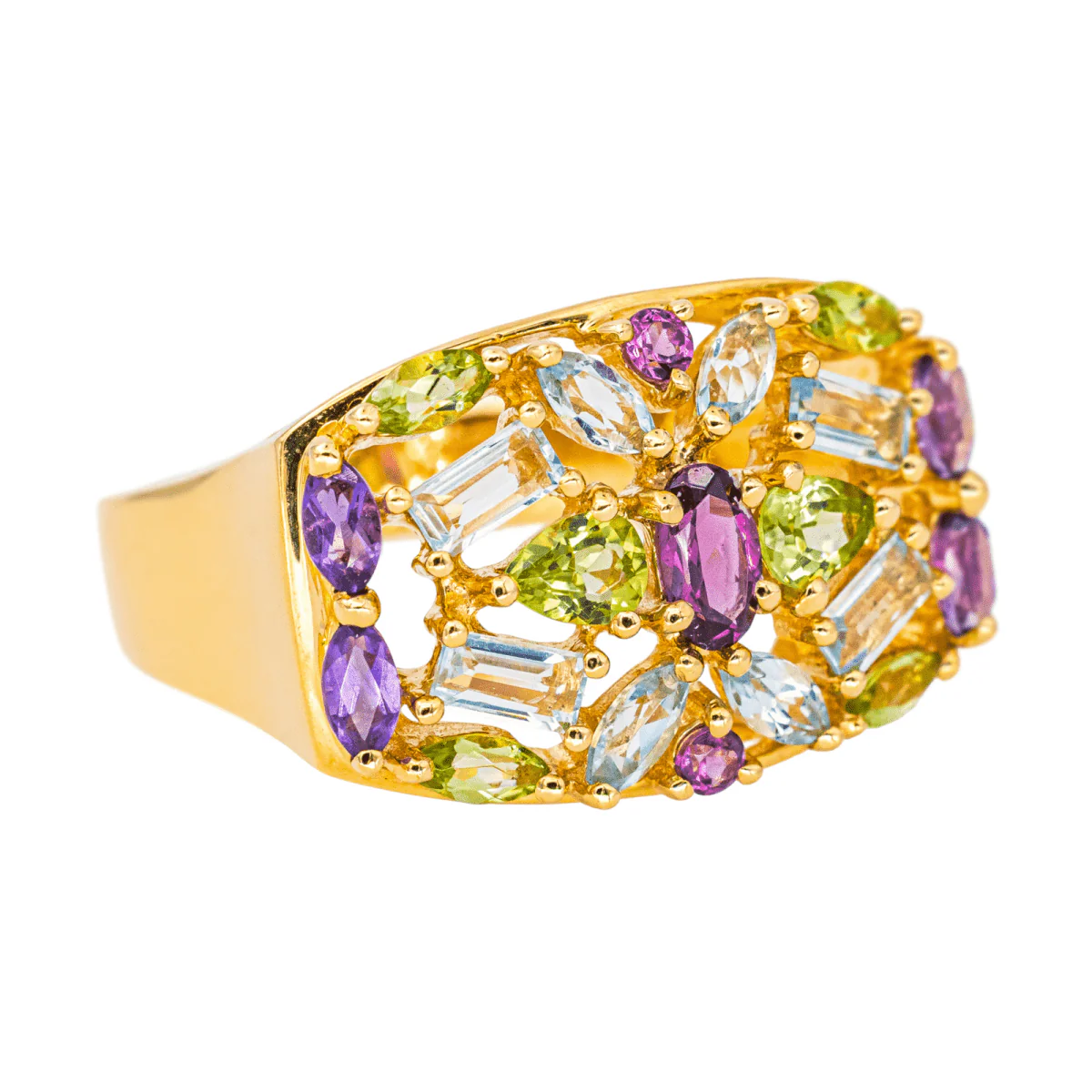Cocktail ring in yellow gold, garnet, aquamarines, peridots and amethysts - Image 6