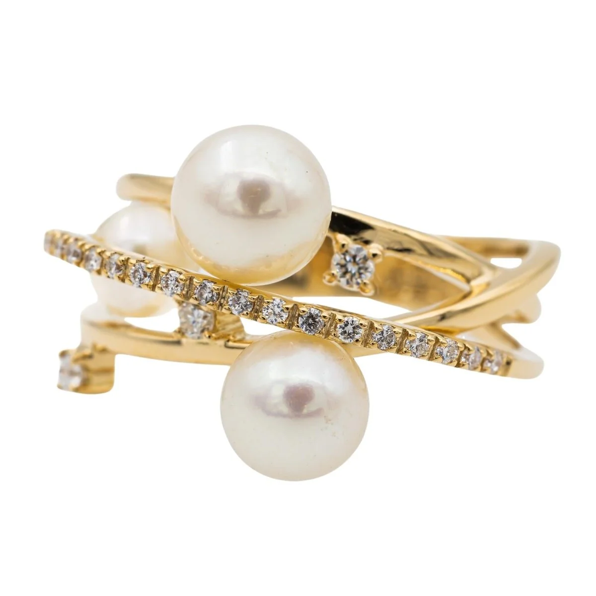Cocktail ring in yellow gold, pearls and diamonds - Image 2