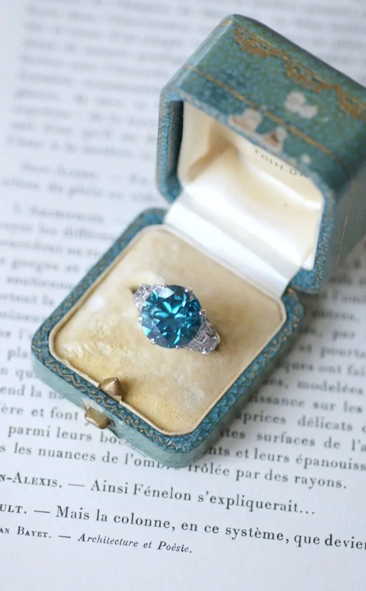 Blue Zircon and Diamond Cocktail Ring on Platinum