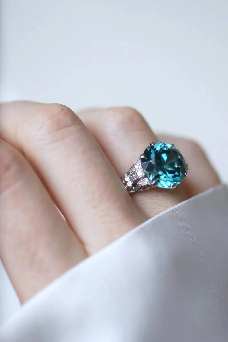 Blue Zircon and Diamond Cocktail Ring on Platinum - Image 2