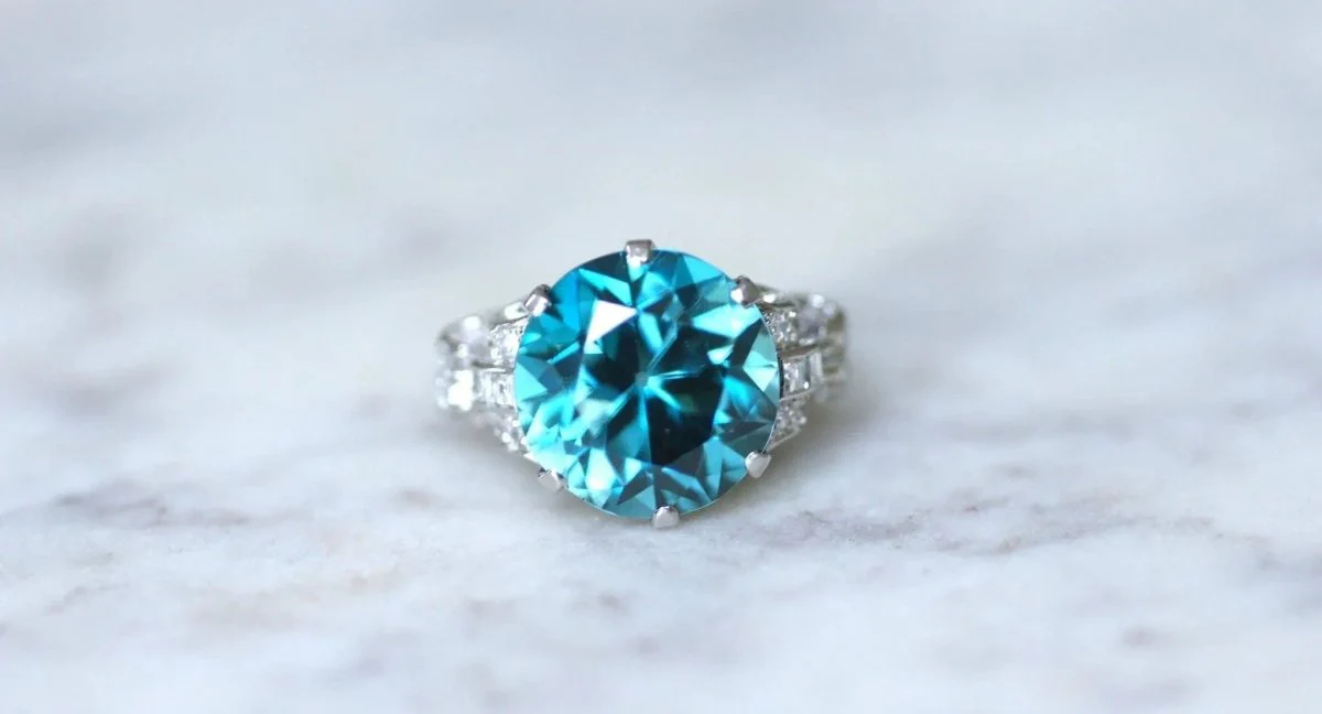 Blue Zircon and Diamond Cocktail Ring on Platinum - Image 3